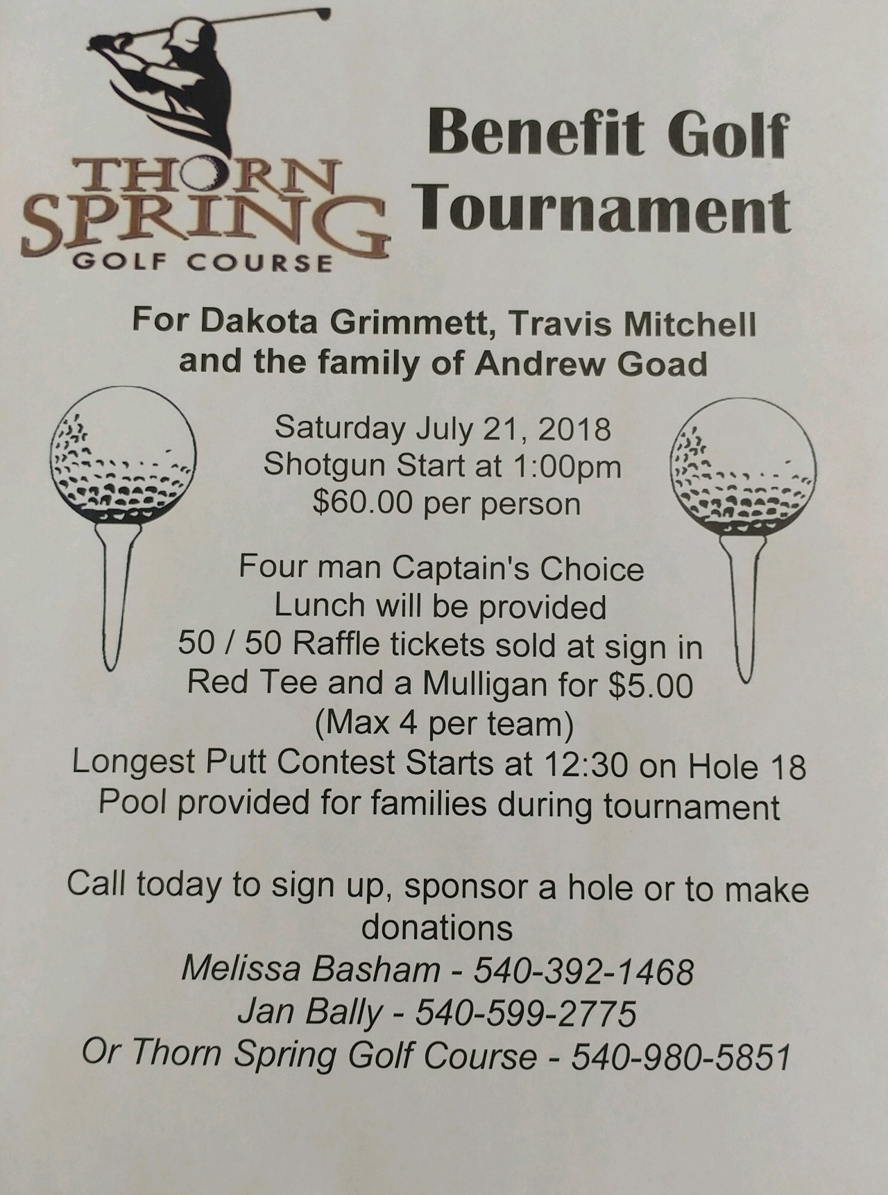 Benefit Golf Tournament July 21st Thronspring Golf Course